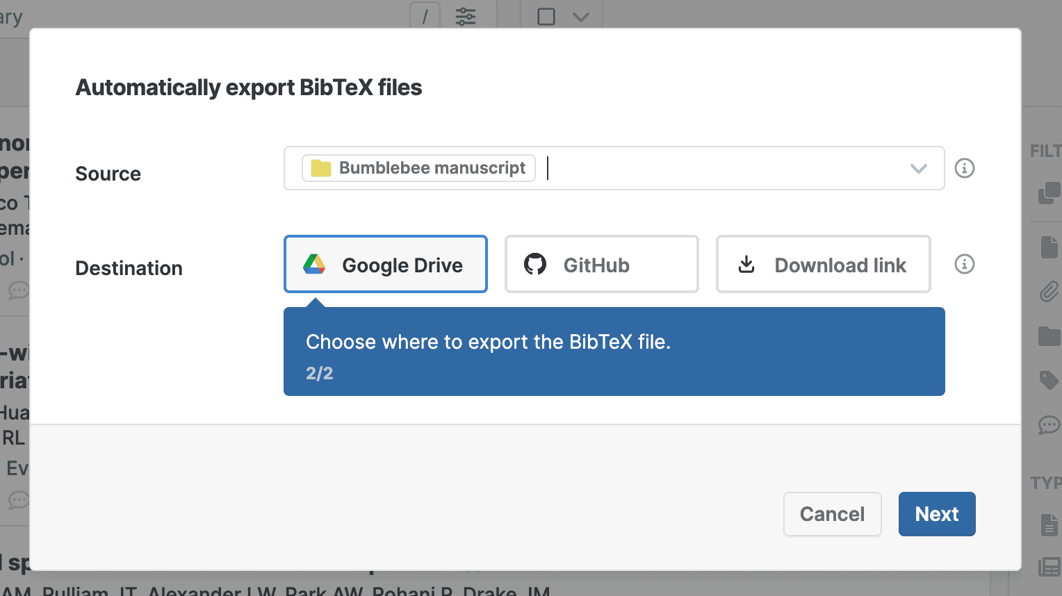 Step 2 of the wizard with Source set to the “Bumblebee manuscript” folder and Destination offering Google Drive (selected), GitHub and Download link, with a tip reading “Choose where to export the BibTeX file.”